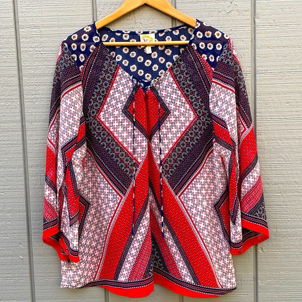 🌸Anthropologie Fig & Flower Sheer V-Neck Split Sleeve Blouse Size: Large